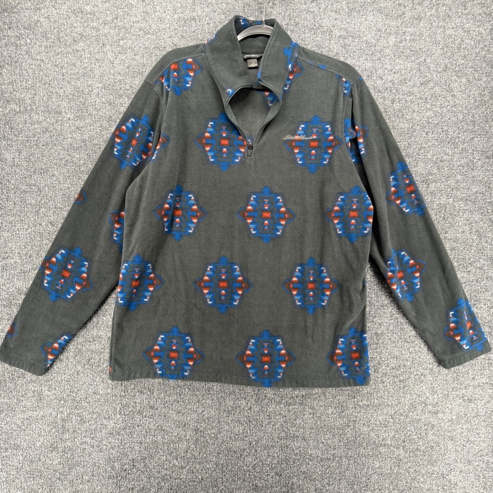 Eddie Bauer Sweater Mens L Gray Fleece Pullover 1/4 Zip Aztec Tribal Outdoor